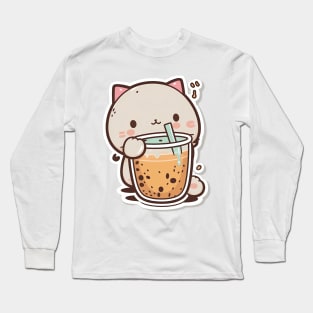 Copy of Cute Cat Drinking Bubble Tea Cartoon Boba Drawing Long Sleeve T-Shirt